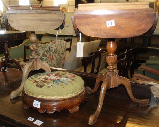 Victorian walnut foot stool and two tripod occasional tables